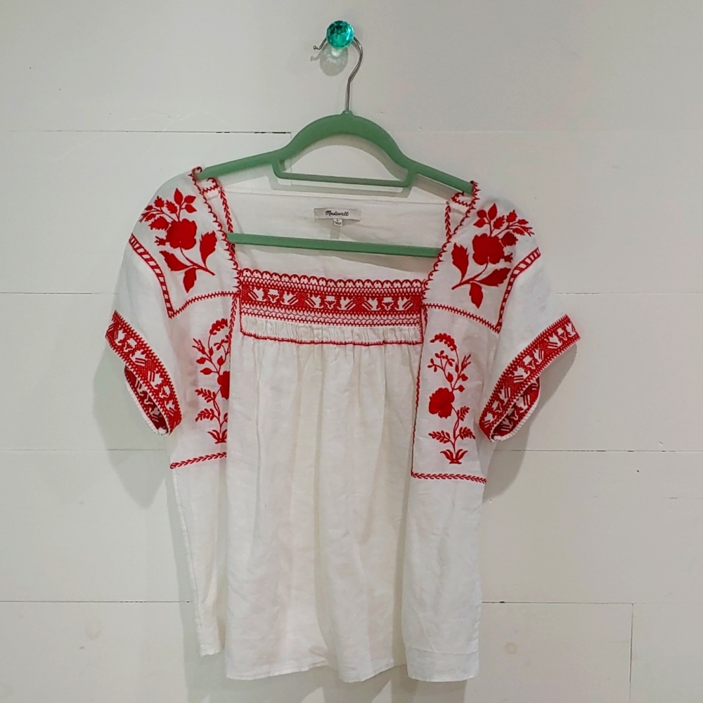Madewell White and red embroidered Top